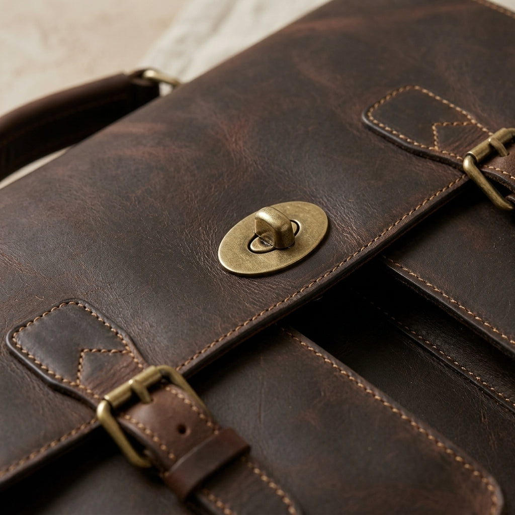 Distressed Twist-Lock Leather Briefcase