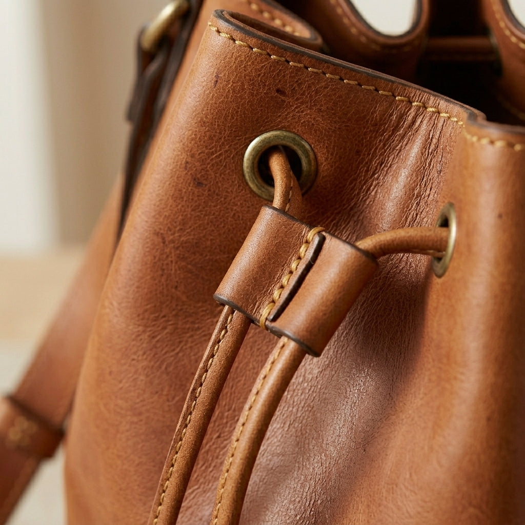Leather Drawstring Bucket Crossbody