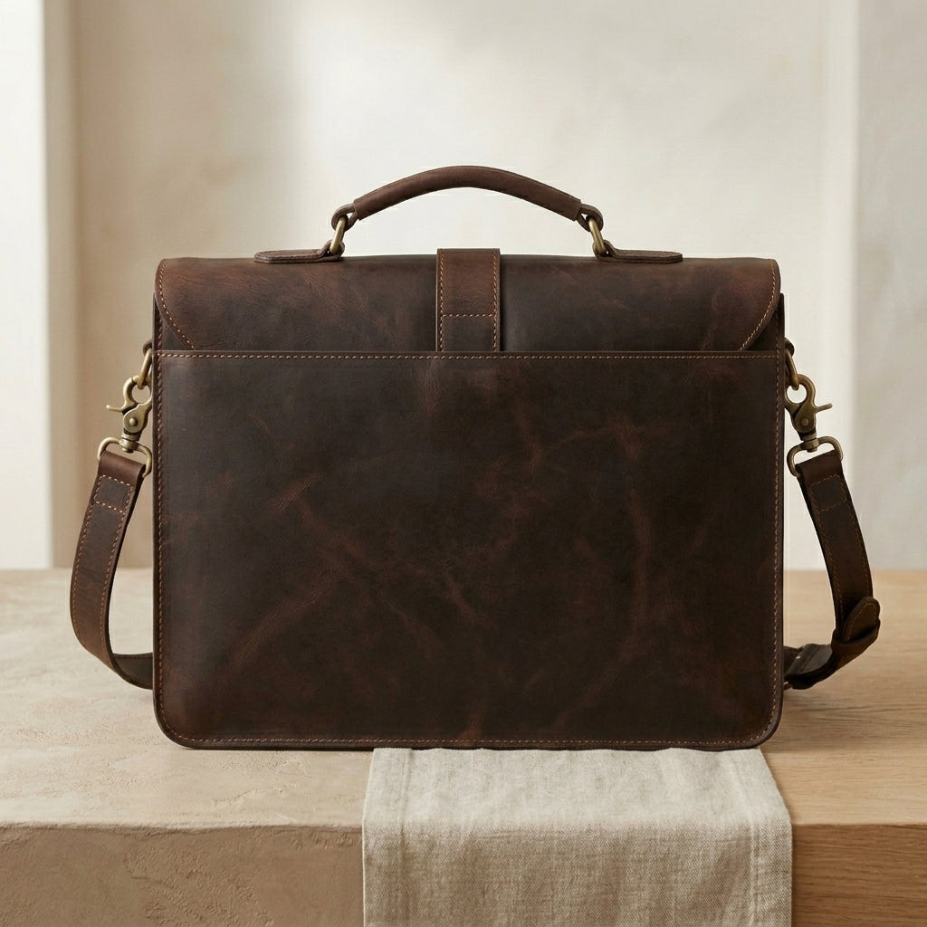 Distressed Twist-Lock Leather Briefcase