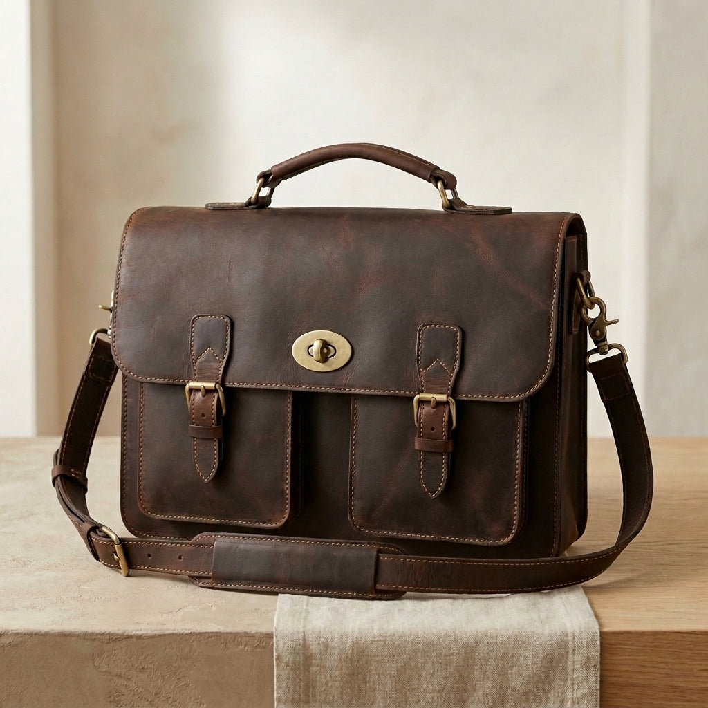 Distressed Twist-Lock Leather Briefcase