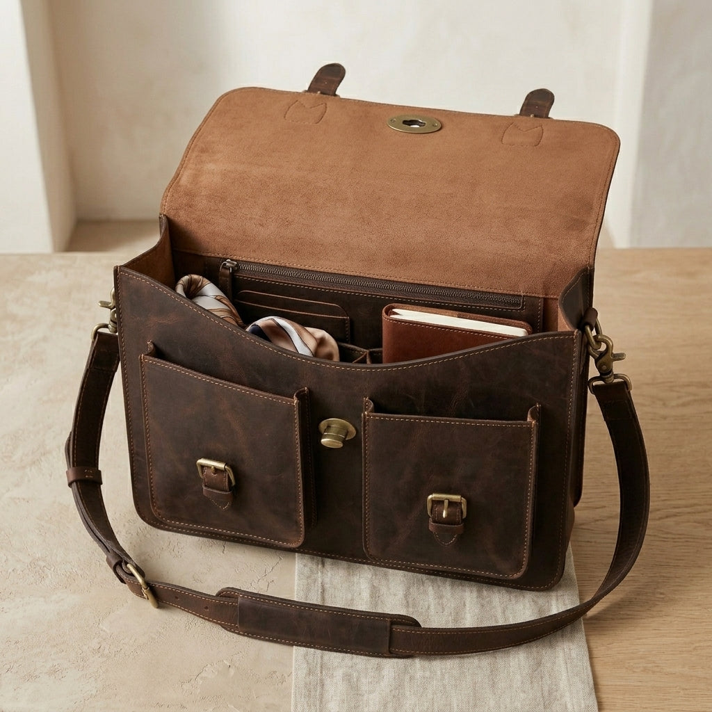 Distressed Twist-Lock Leather Briefcase
