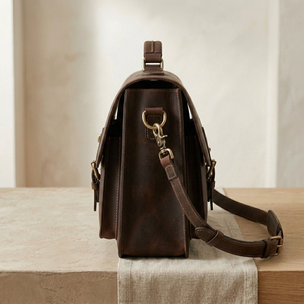 Distressed Twist-Lock Leather Briefcase