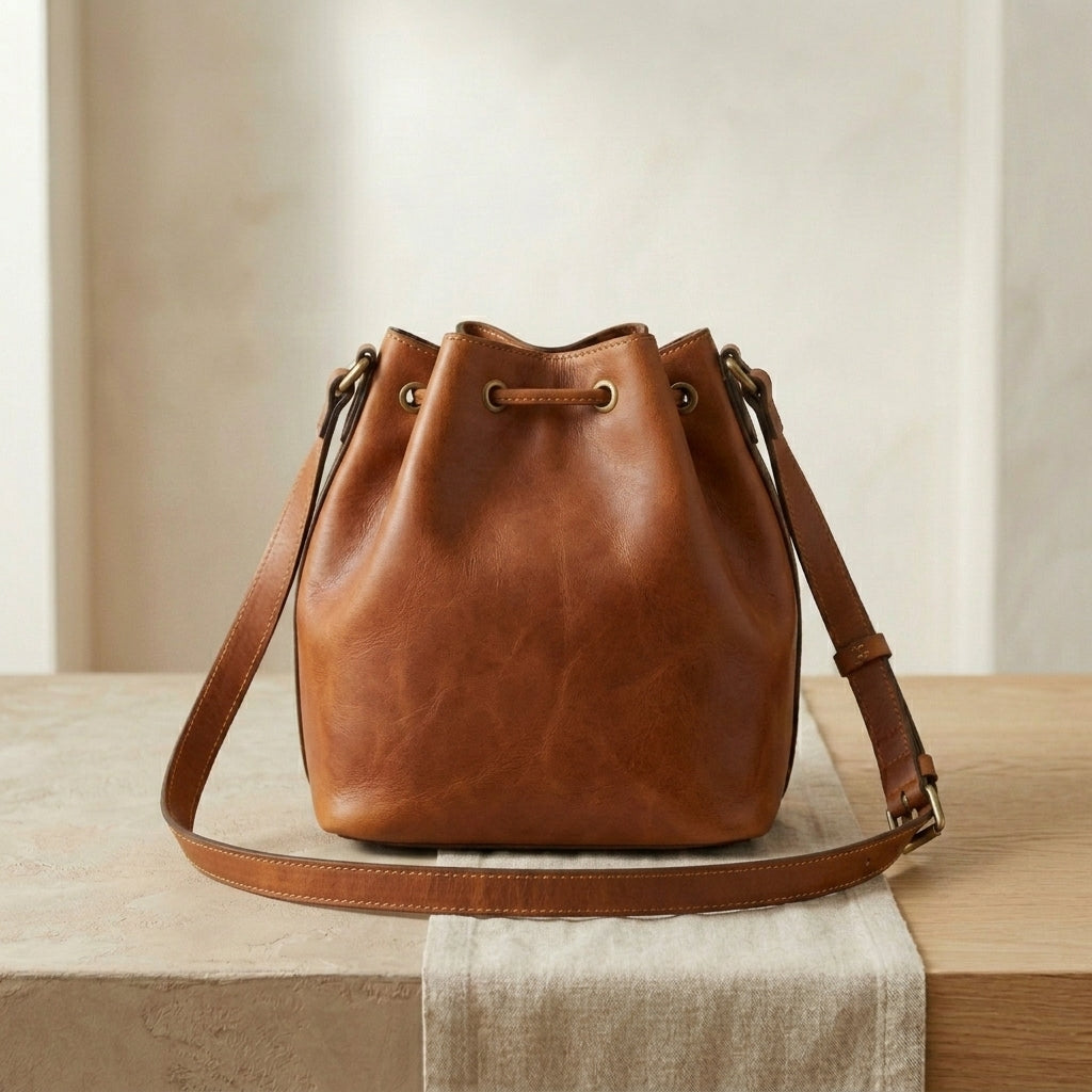 Leather Drawstring Bucket Crossbody