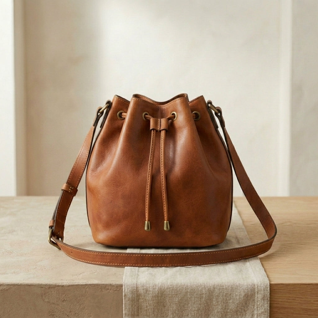 Leather Drawstring Bucket Crossbody