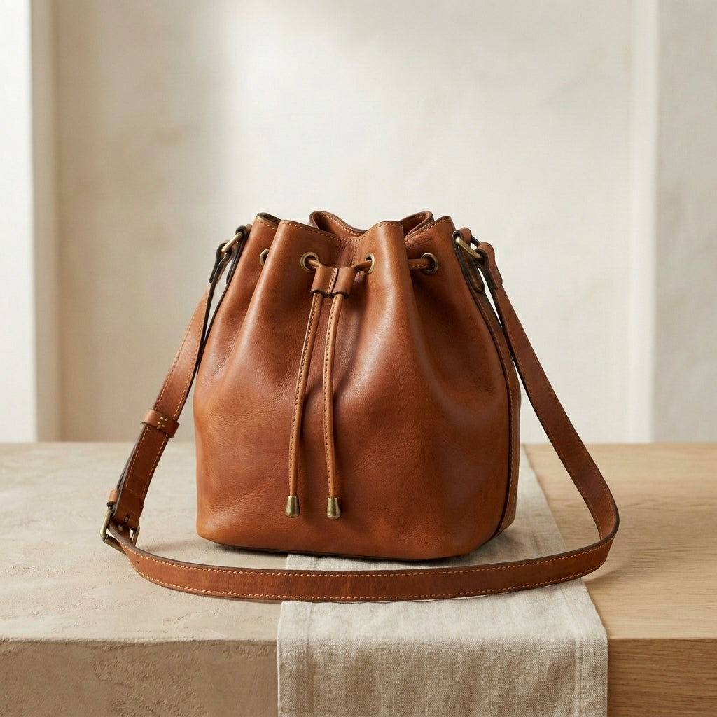 Leather Drawstring Bucket Crossbody