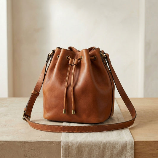 Leather Drawstring Bucket Crossbody