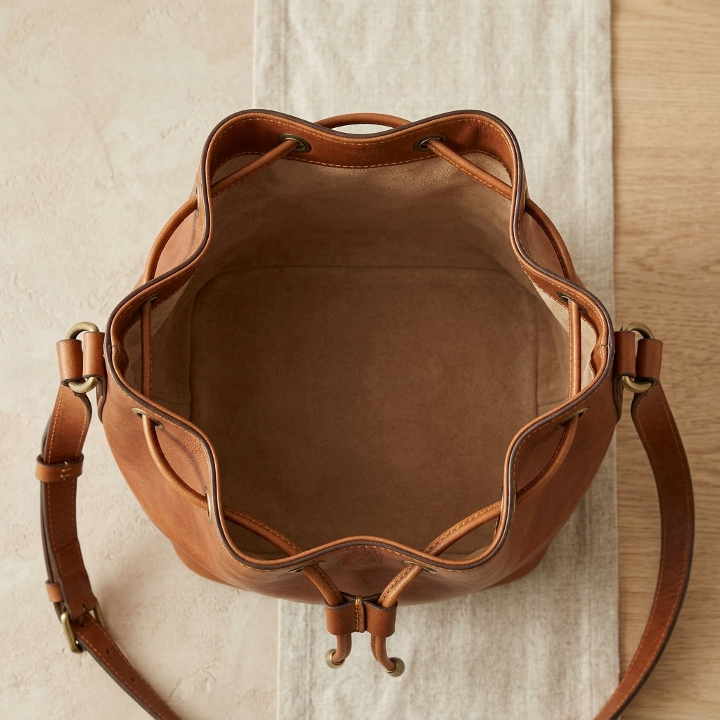 Leather Drawstring Bucket Crossbody