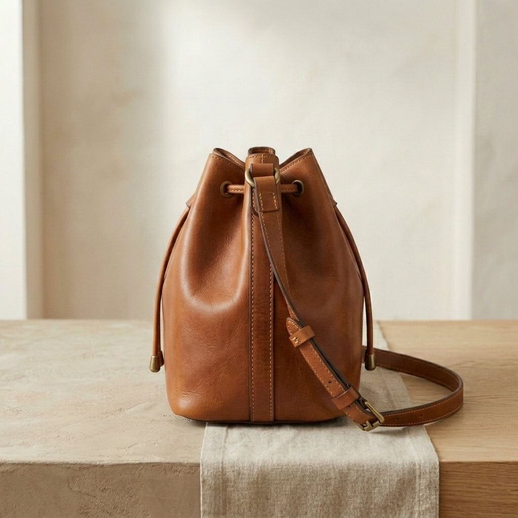 Leather Drawstring Bucket Crossbody