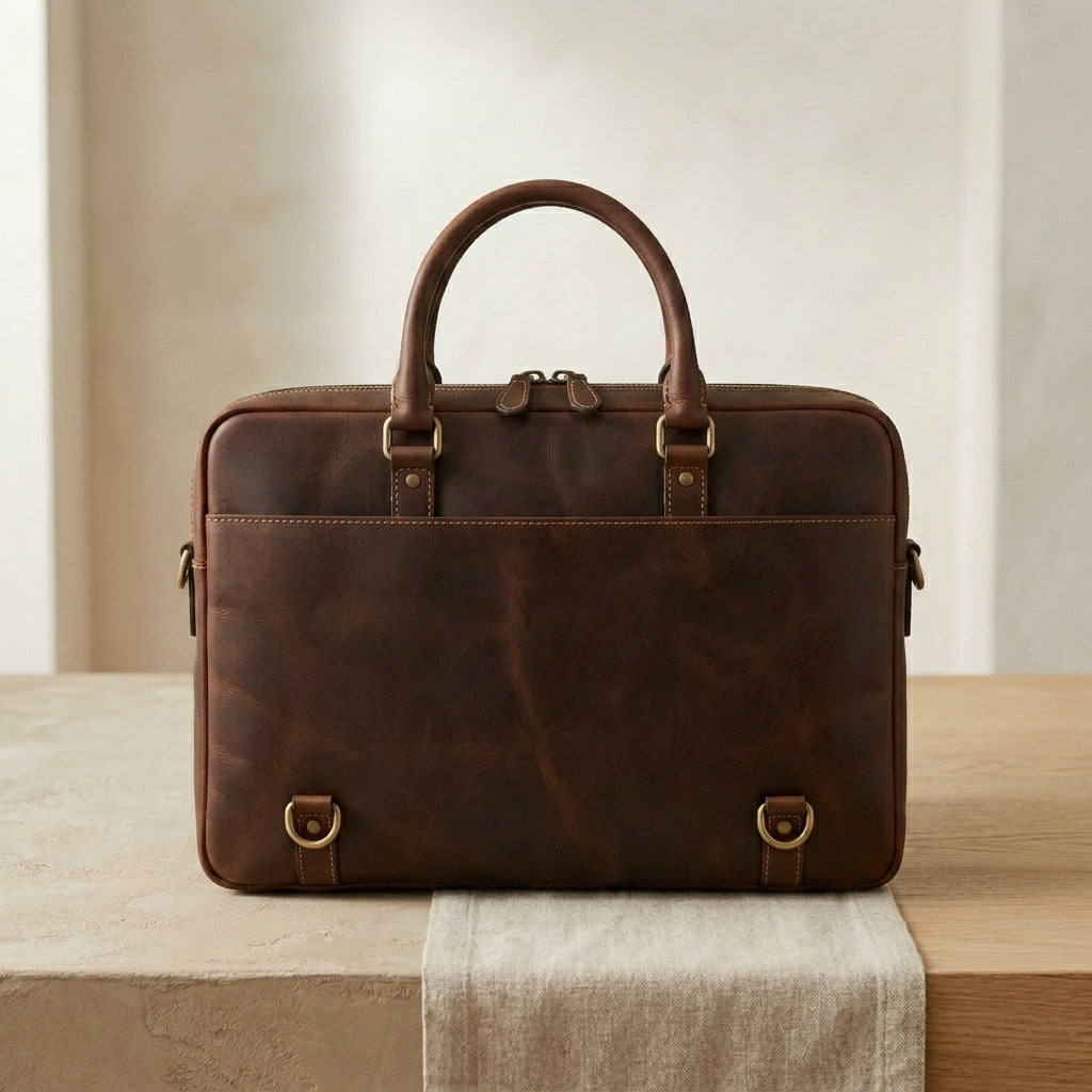 Zip-Top Leather Laptop Briefcase