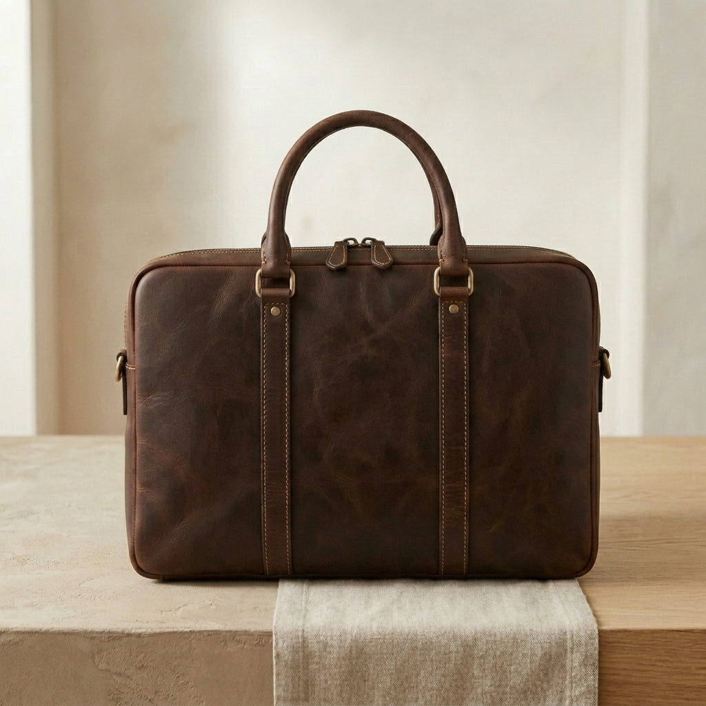 Zip-Top Leather Laptop Briefcase