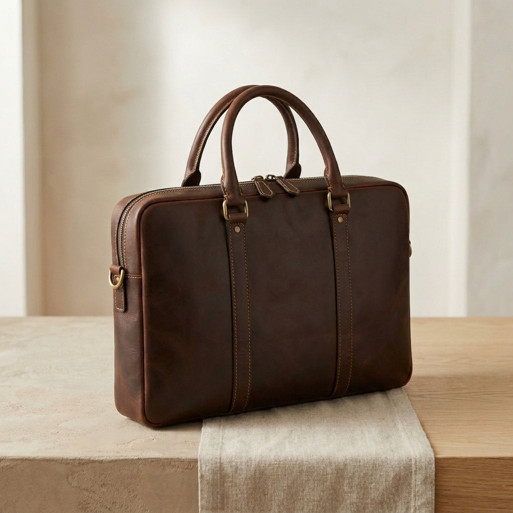 Zip-Top Leather Laptop Briefcase