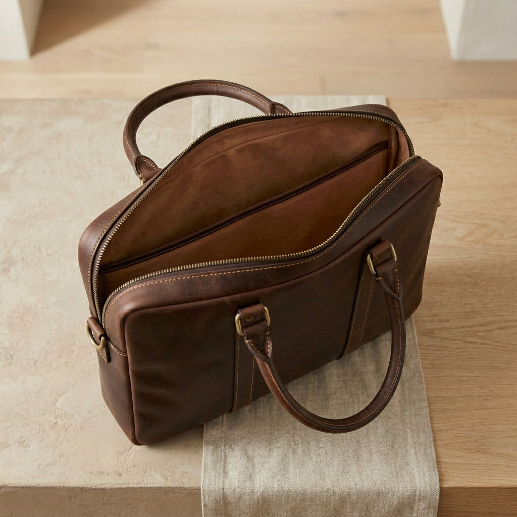 Zip-Top Leather Laptop Briefcase