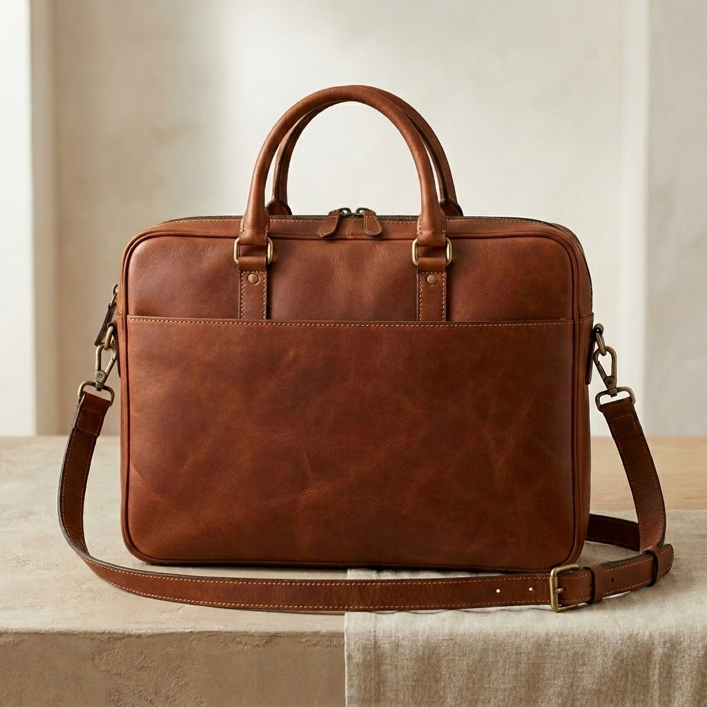 Structured Leather Laptop Briefcase