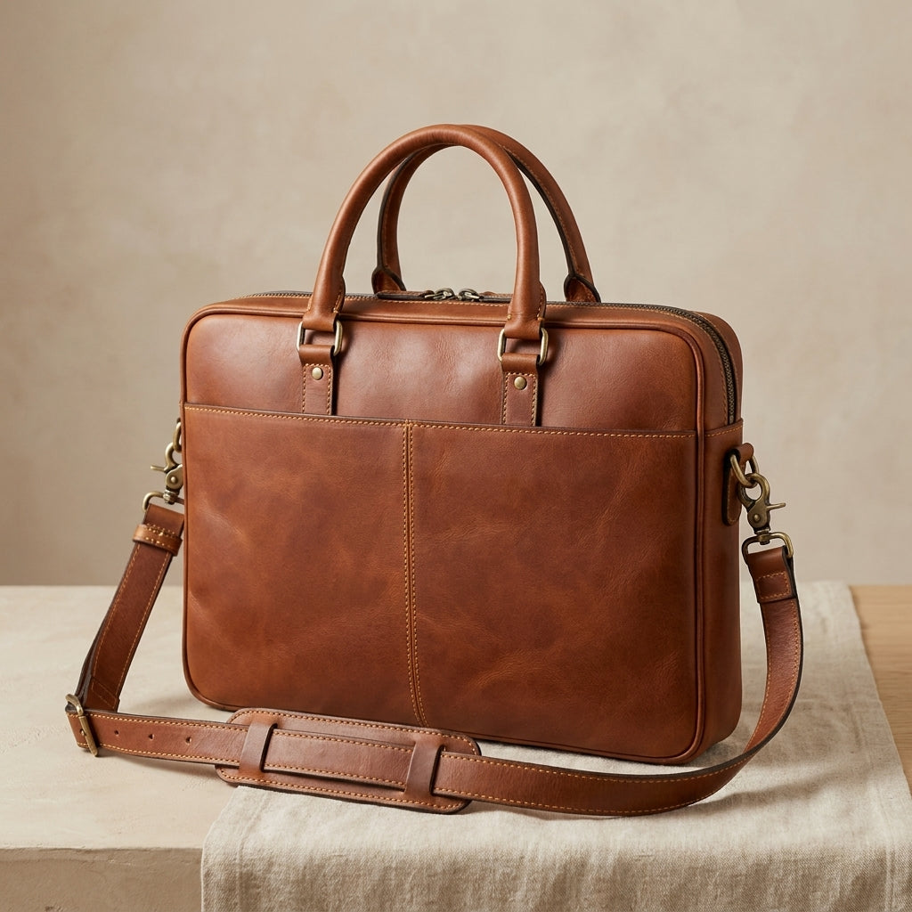 Structured Leather Laptop Briefcase