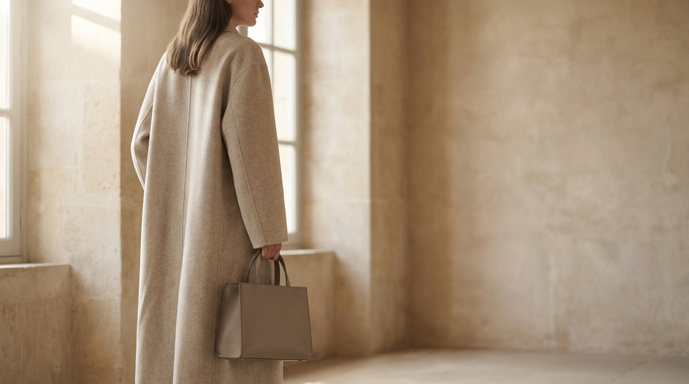 Pelloria homepage hero — woman carrying the taupe structured tote